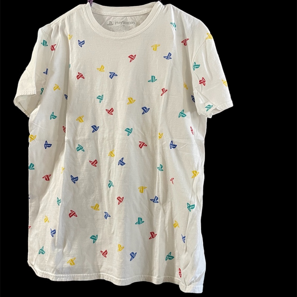 PlayStation Logo T Shirt Size L White with All Over Print with Colorful Logos